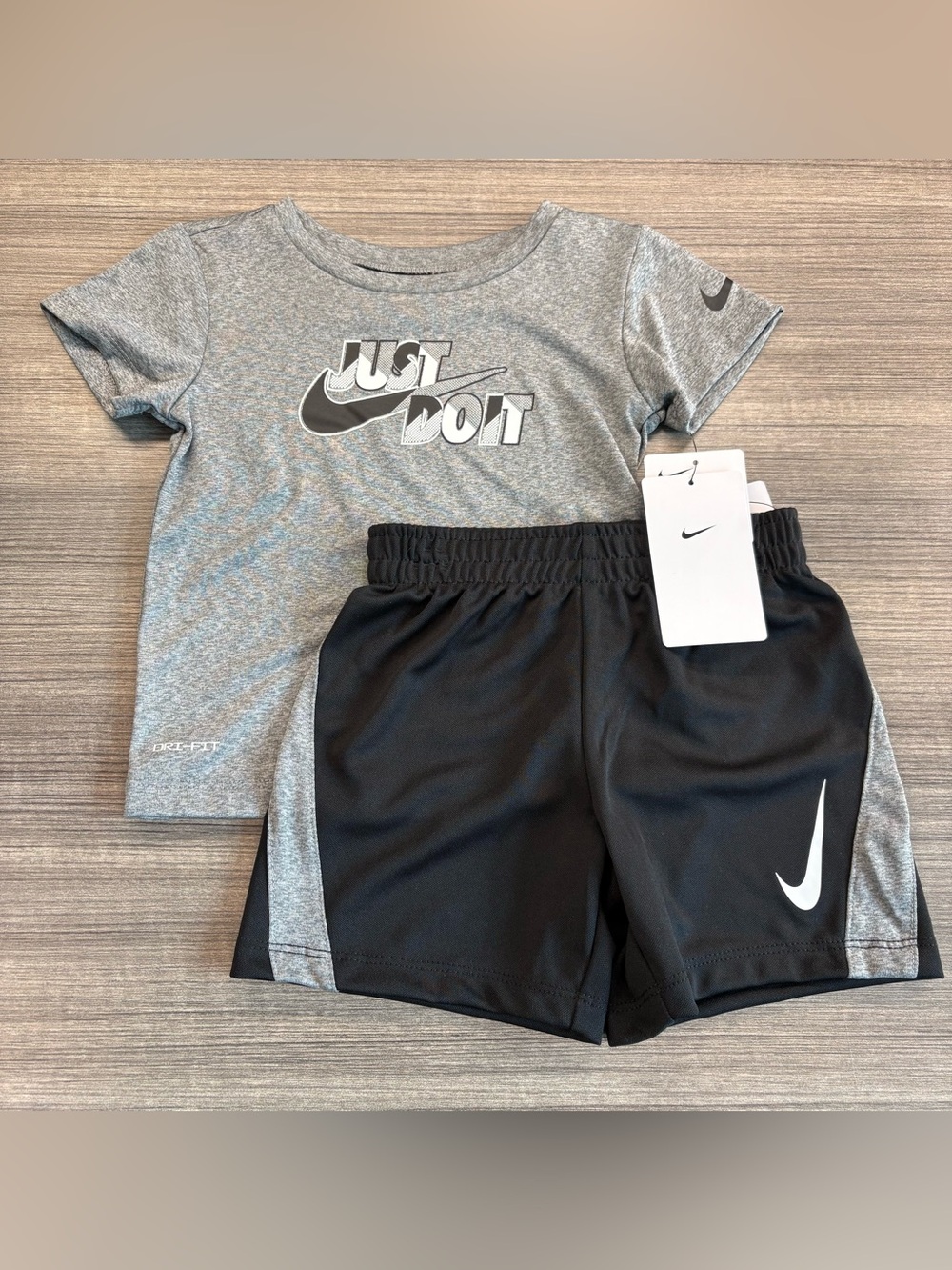 Toddler Boy Nike Dri-Fit Shirt & Short 2 Piece Set Swoosh Black Gray 12M or 24M